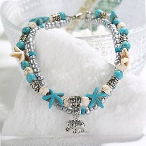Women’s Elephant Turquoise and Silver Beaded Double-Layer Anklet